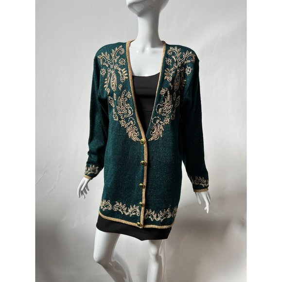 Jaclyn Smith Beaded and Embroidered Cardigan Sweater M Green, Gold Metallic Th - Picture 5 of 16